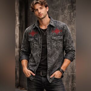 Affliction Black Acid Wash Button Up Shirt Red Embroidered Crosses Mens